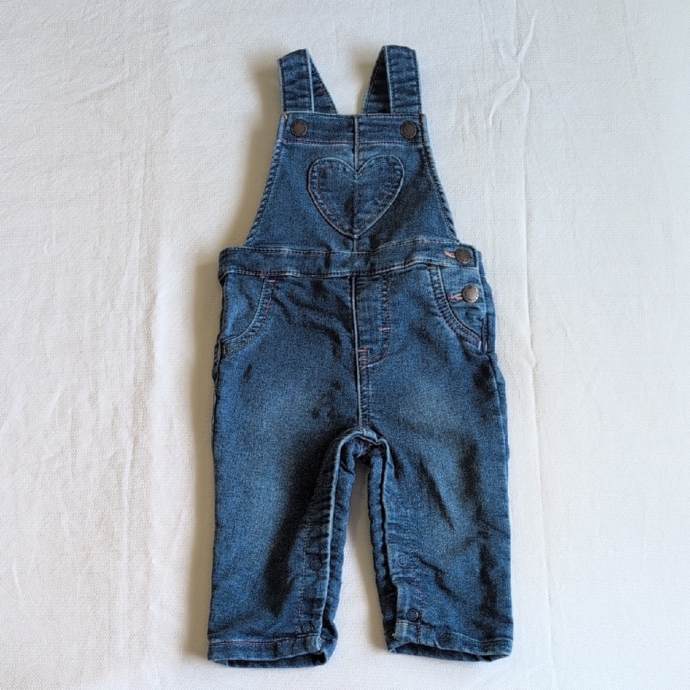 joe fresh heart pocket stretch denim overalls with colorful thread 6-12 months